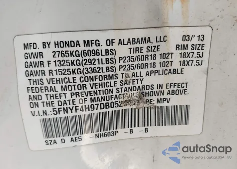 2013 Honda Pilot Touring z USA, uszkodzony, nr VIN 5FNYF4H97DB052941